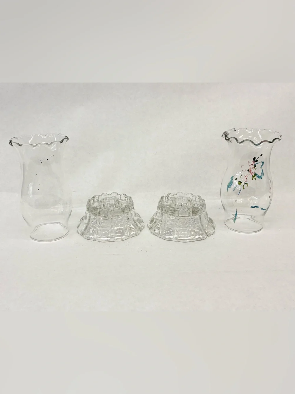Vintage Indiana Glass Painted Hurricane Shades w/ Candle Holder Bases Lot of 2